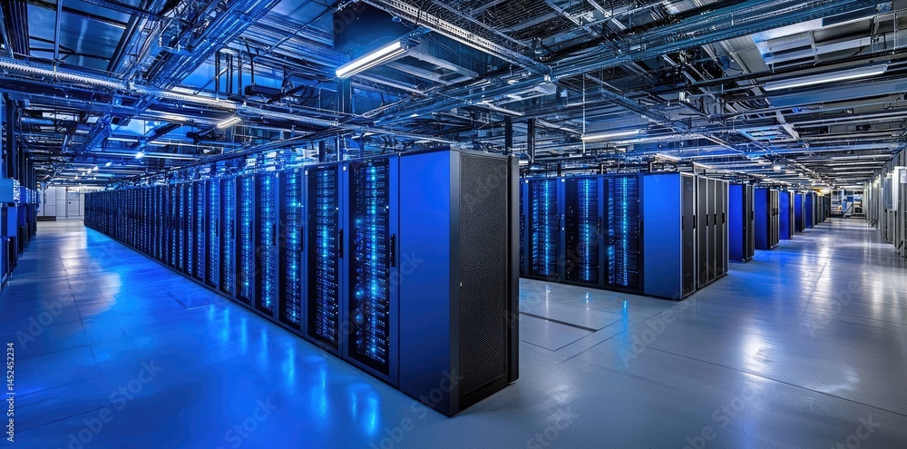 Poster Wide angle view of massive high tech server facility with ceiling cable networks, great for IT network infrastructure and enterprise hosting visuals