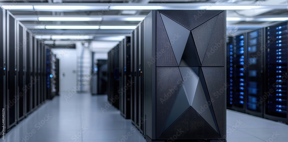 Poster Modern data center with unique geometric black server unit design, ideal for advanced enterprise technology promotions and data infrastructure ads