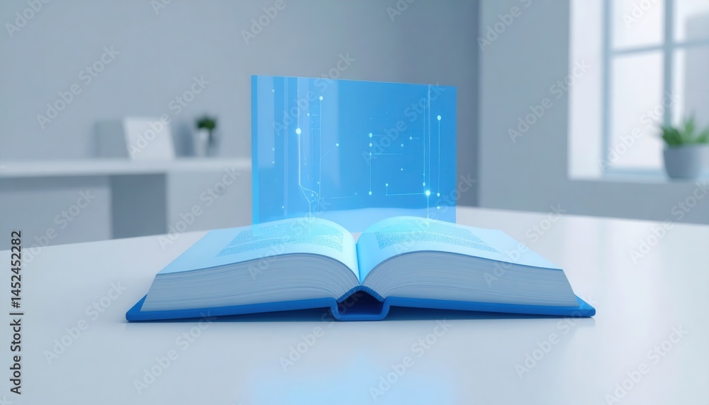 Poster open blue book with holographic display, representing digital learning and technology integration in