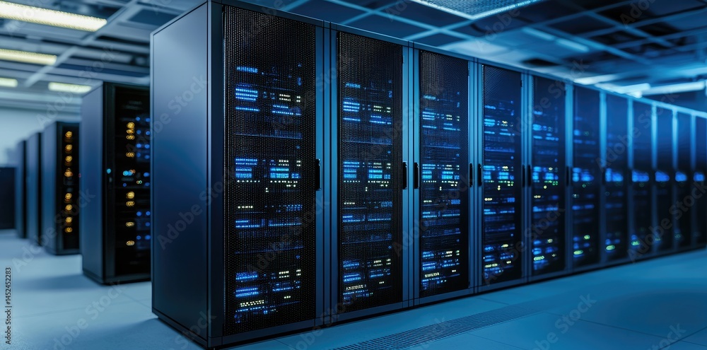 Poster Sharp angled view of blue glowing enterprise data servers, perfect for ads promoting high speed internet, cloud computing and modern tech services