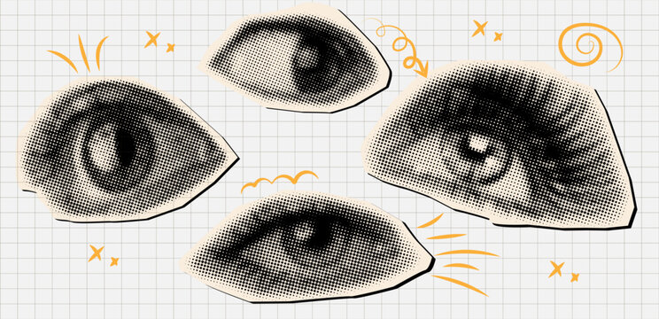 Set of females eyes with retro halftone effect,trendy cut out collage element on grid with hand drawn doodles