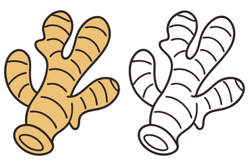One yellow ginger root sits beside a black outline, ideal for a coloring book cover on white background