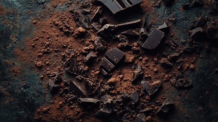 Broken pieces of dark chocolate scattered on a textured stone surface