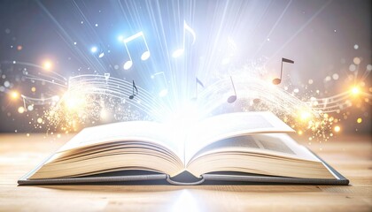 Open book with glowing musical notes emanating from its pages, showcasing the connection between literature and music