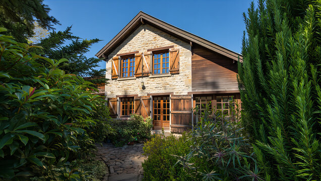 Charming rustic house with wooden shutters and stone facade surrounded by lush greenery under clear blue sky