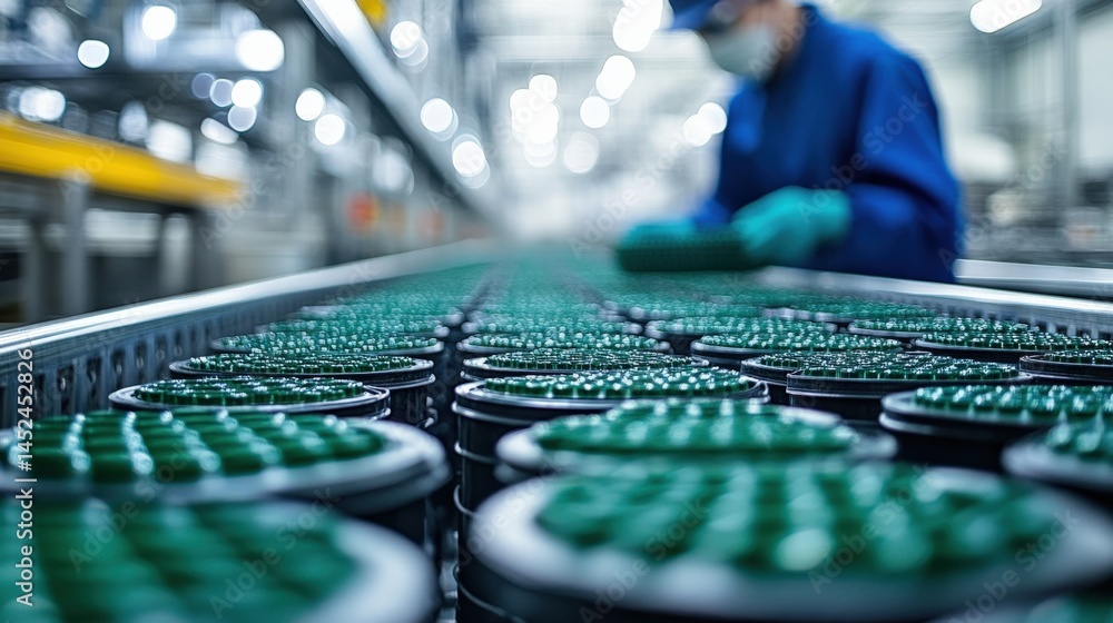 Poster worker in blue uniform inspecting green containers on a production line in a factory