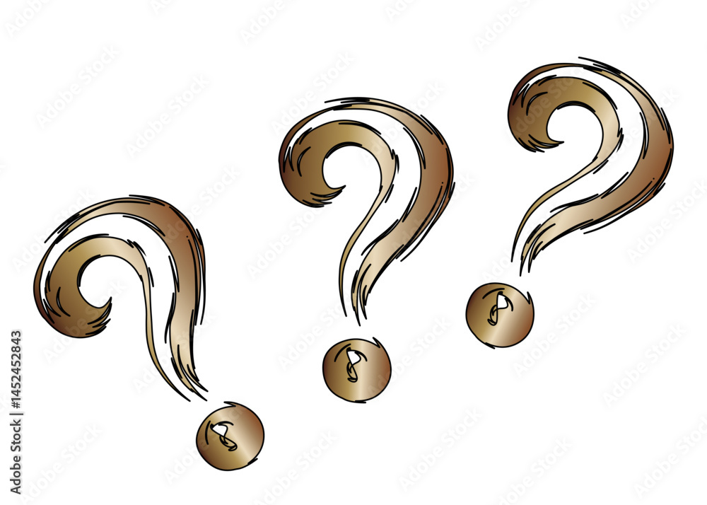 Poster three stylized bronze question marks on white background with copy space