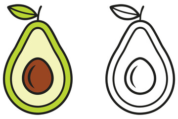 Sliced avocado features a brown pit, leaves, and black outlines, perfect for coloring book cover on white background