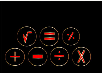 Red and gold mathematical symbols in circles on black background with copy space