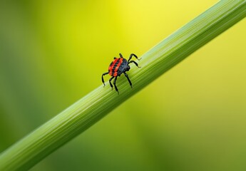 Close-up of a vibrant red and black insect crawling on a green stem, showcasing intricate details against a soft blurred background of nature.