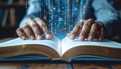 Hands placed on an open book with floating binary code symbols, representing technology, knowledge, and digital transformation
