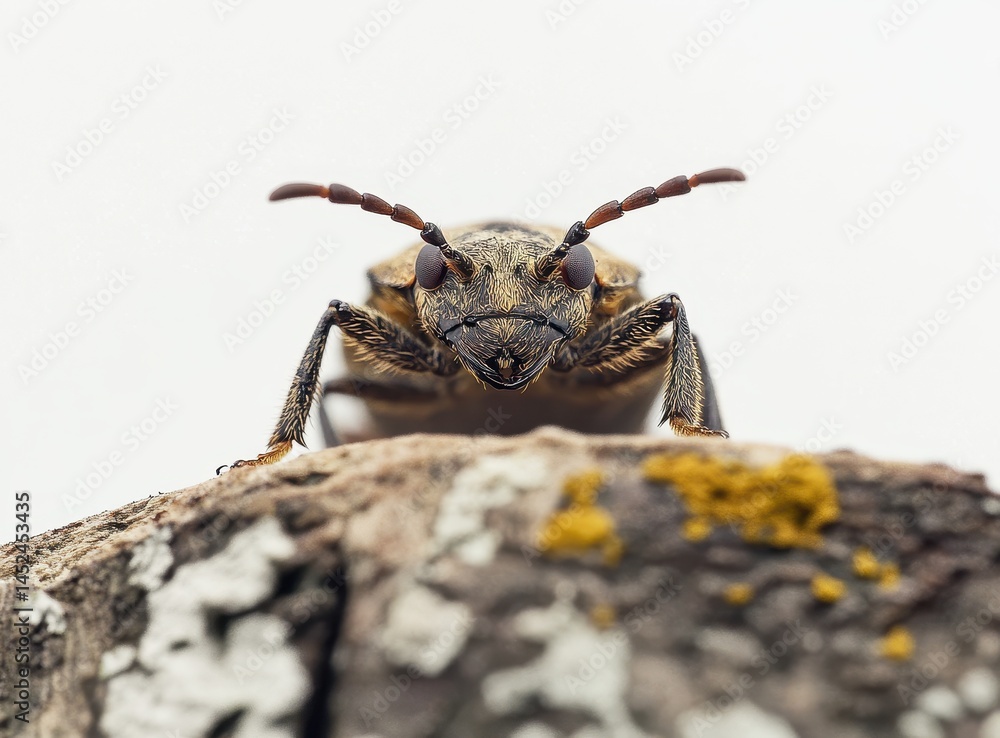Poster close-up of a wood-boring beetle on a tree bark with detailed texture and nature background in soft 