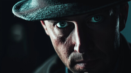 A high-quality image portraying contemplative man at dusk: closer look - fedora-wearing, bearded individual pondering thoughtfully over an m keyboard.