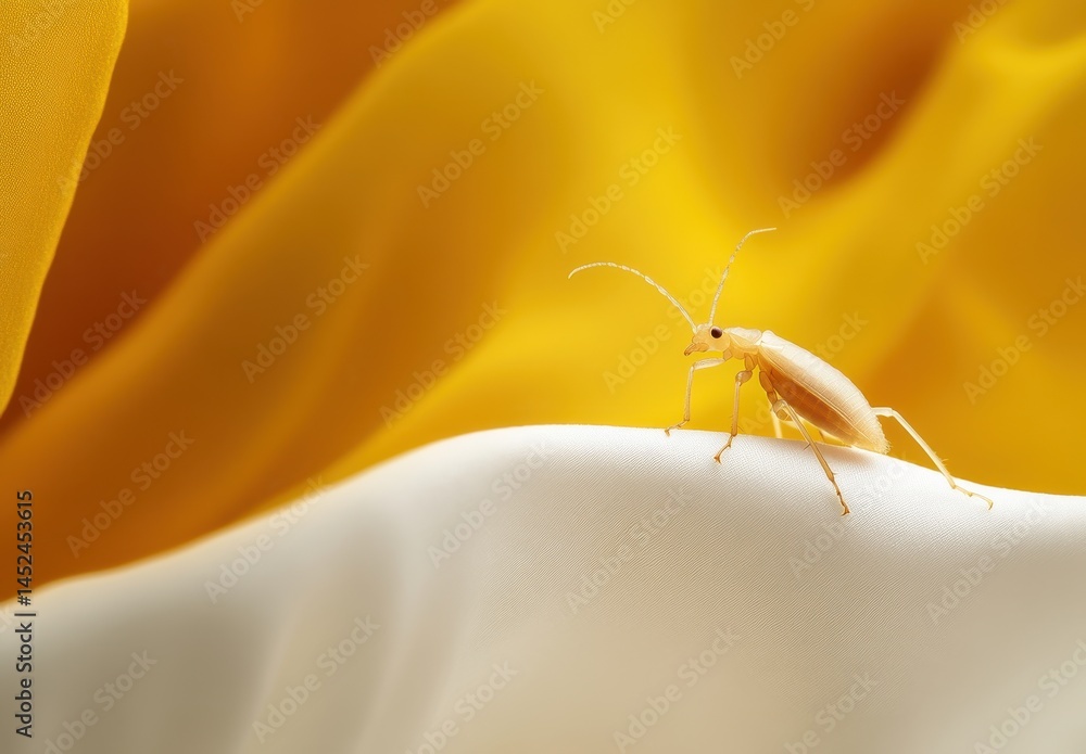 Poster close-up of a yellow insect on soft fabric background with warm tones and delicate textures perfect 