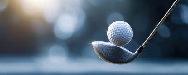 A golf club prepares to strike a golf ball, set against a blurred, sunlit background.