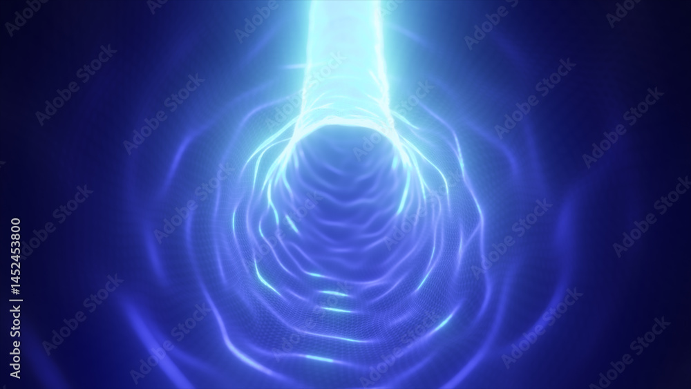 Poster bright glowing blue electric tunnel with dynamic wireframe lines and neon energy pulses, simulating 