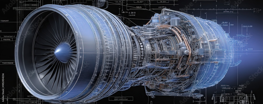 Poster a detailed technical blueprint of a jet engine with intricate components and engineering schematics.