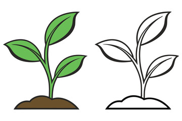Young sapling grows from the soil with a line art version for coloring on white