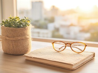 Beige Book and Brown Glasses Resting on Wooden Table by Window with Plant