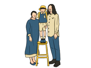 Standing together a retro family bond. Authentic family illustration flat drawn style