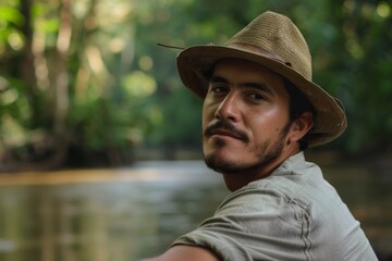 Young adult Hispanic man in a Rainforest Expeditions in the Amazon