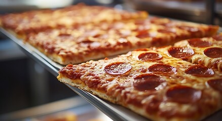Fresh Pepperoni Pizza in Display Case  Hot and Delicious Fast Food Close-Up