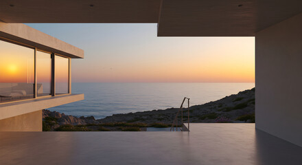 Coastal Villa Overlooking Ocean Horizon With Sunset Colors Above Hillside