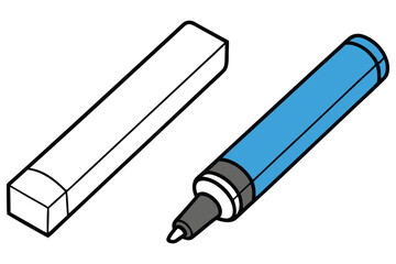 An eraser and blue marker with black outlines are seen over a white background