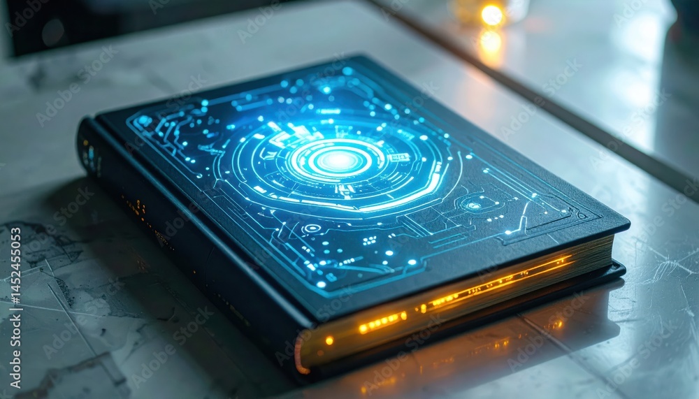 Poster futuristic book design with glowing circuit patterns placed on a reflective surface, creating an eng