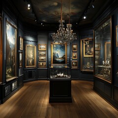 Elegant Dark Gallery Interior with Classic Oil Paintings and Crystal Chandelier