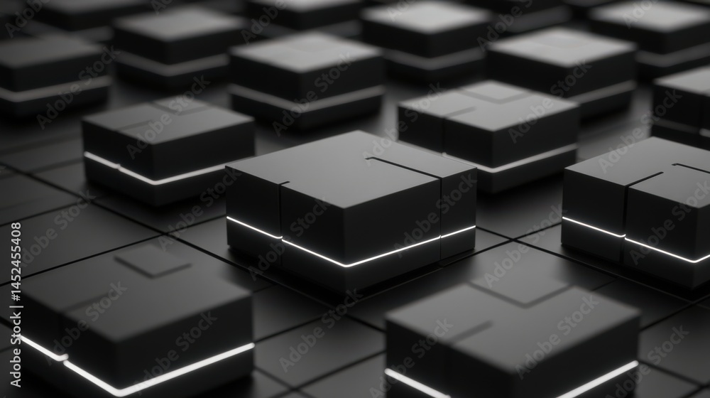 Poster a close-up view of sleek black cubes with glowing edges arranged in a modern grid pattern