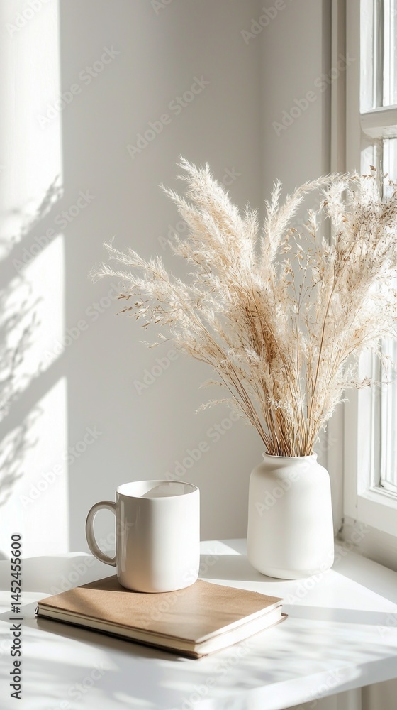 Fototapete Sunlight streams through a window, casting soft shadows on a clean surface. A simple vase holds dried plants beside a cup of coffee and a notebook, creating a warm atmosphere