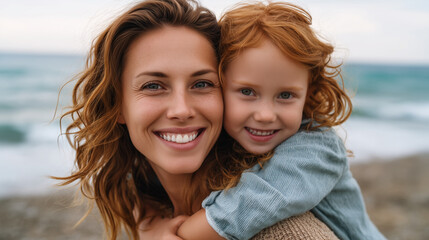 Fototapeta premium Smiling mother and beautiful daughter having fun at the beach. 