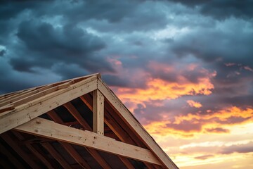 Obraz premium Wooden roof structure under a dramatic sunset sky.