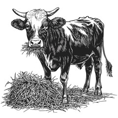 Cow eating hay, vintage woodcut sketch, old engraving style vector, rural farm scene, antique animal illustration, farmhouse aesthetic, hand-drawn livestock graphic,