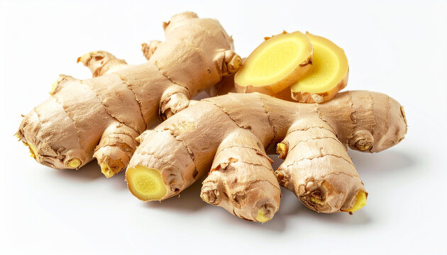 Fresh ginger against a white background. AI