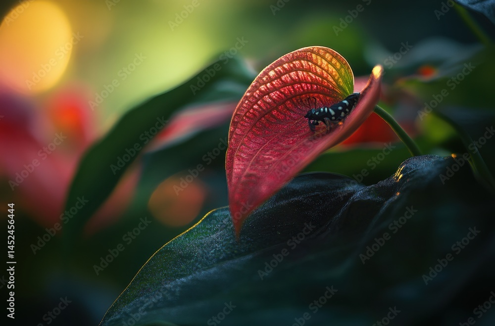 Poster close-up of colorful anthurium leaf with delicate insect resting on the surface in a vibrant nature 