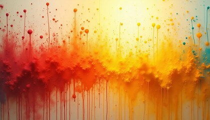A playful and energetic splash of colorful paint drops across a light beige background