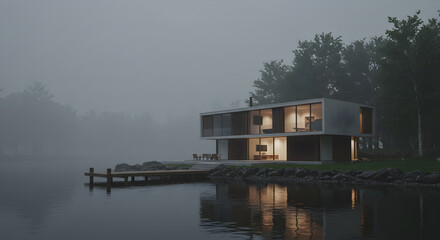 Obraz premium Modern Waterfront Home On a Foggy Day Near a Tranquil Lake