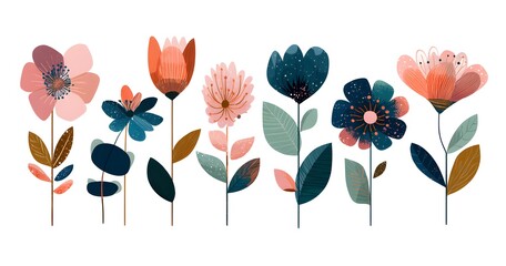 A row of flowers with different colors and sizes