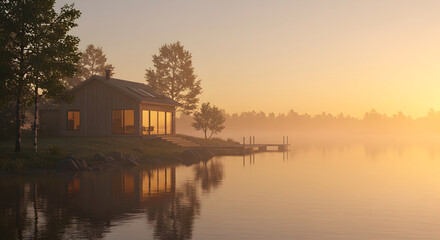 Fototapeta premium Scenic Lakeside House Embraced by Golden Hour Mist at Tranquil Dawn