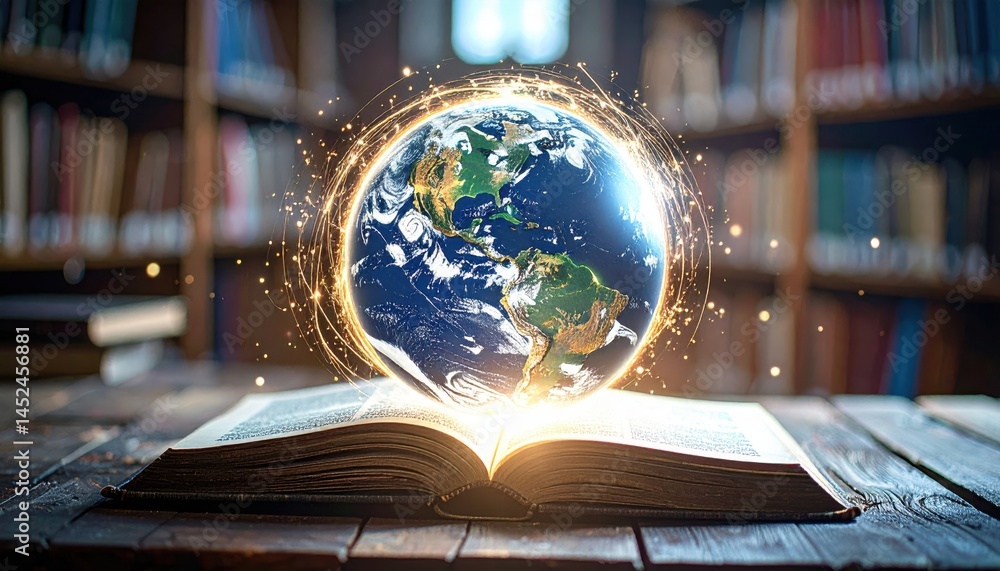 Poster open book with a glowing globe above it, symbolizing knowledge and the connection to the world in a 