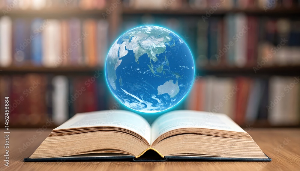 Poster open book with a glowing globe hovering above it, symbolizing knowledge, education, and global aware