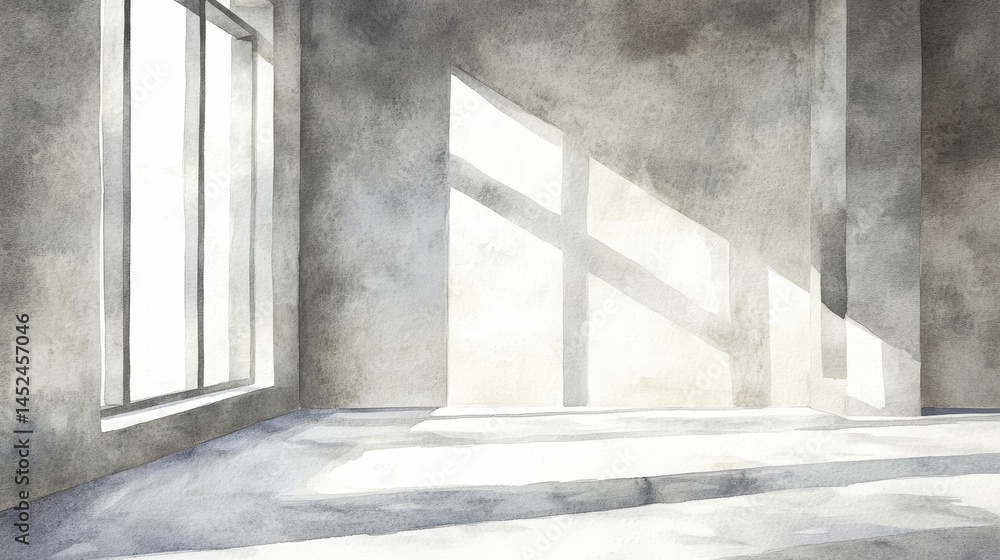 Poster sunlit empty room interior - sunlight streams into a spacious, empty room with concrete walls and a 