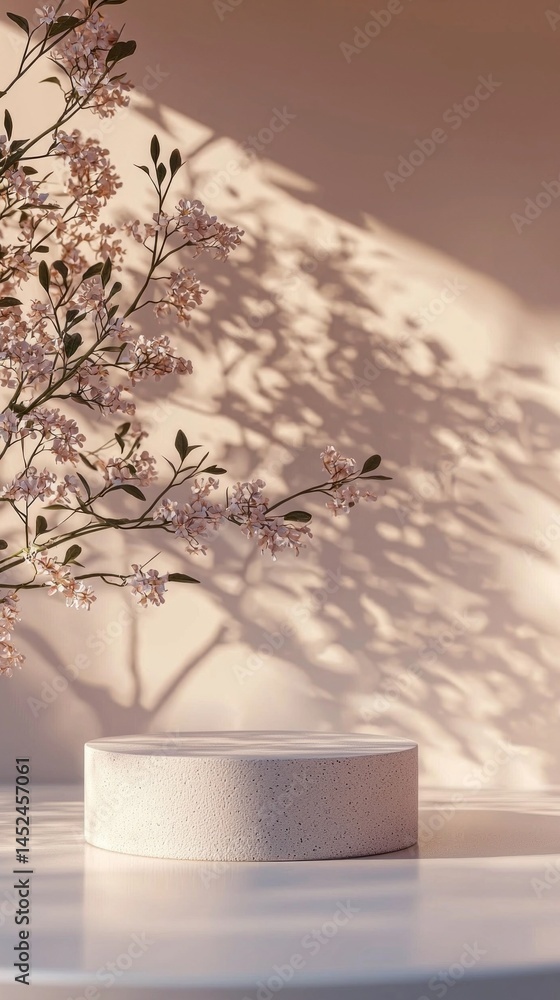 Poster delicate pink flowers create intricate shadows on a smooth white surface illuminated by warm sunligh