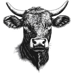 Cow block print vector, vintage sketch, black and white grunge illustration, old style engraving, retro livestock art, traditional farm animal print, western farmhouse decor,