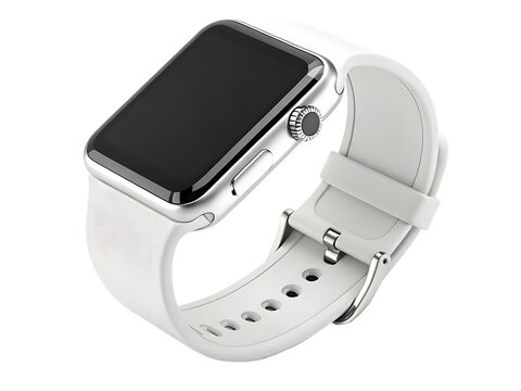 A white smartwatch with a black screen and a silver frame on a white background in a studio setting