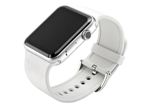 A white smartwatch with a black screen and a silver frame on a white background in a studio setting