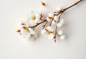 Delicate cotton blossoms and branch on a light background, minimal flat lay,  blossoms,  rustic