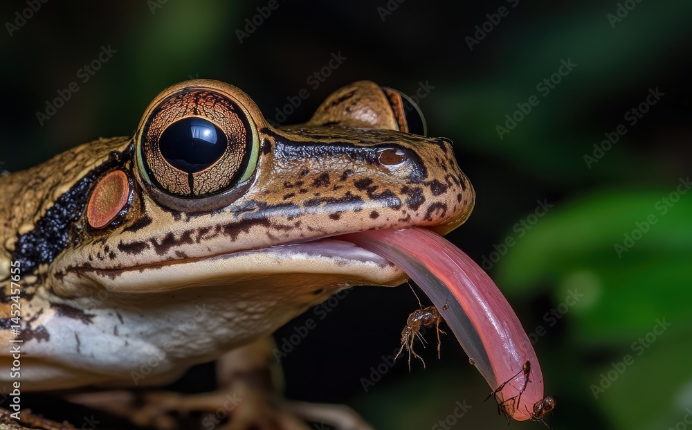 Poster close-up of colorful tree frog with extended tongue catching insect in lush green background of natu